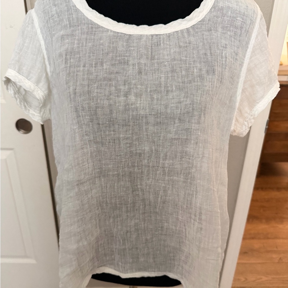 CP Shades White Linen Short Sleeve Scoop Neck Blouse